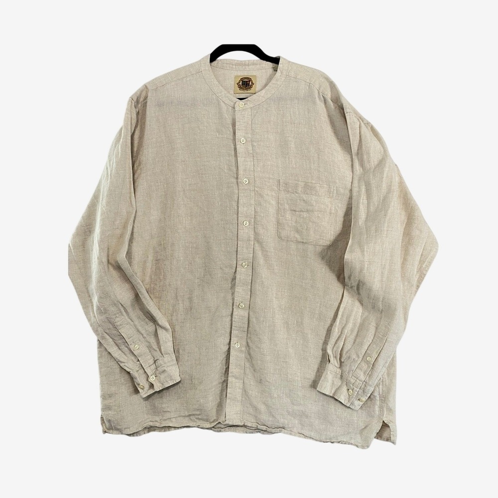 Pusser's West Indies Linen Shirt Mens XXL Beige Grandad Collar Long Sleeve